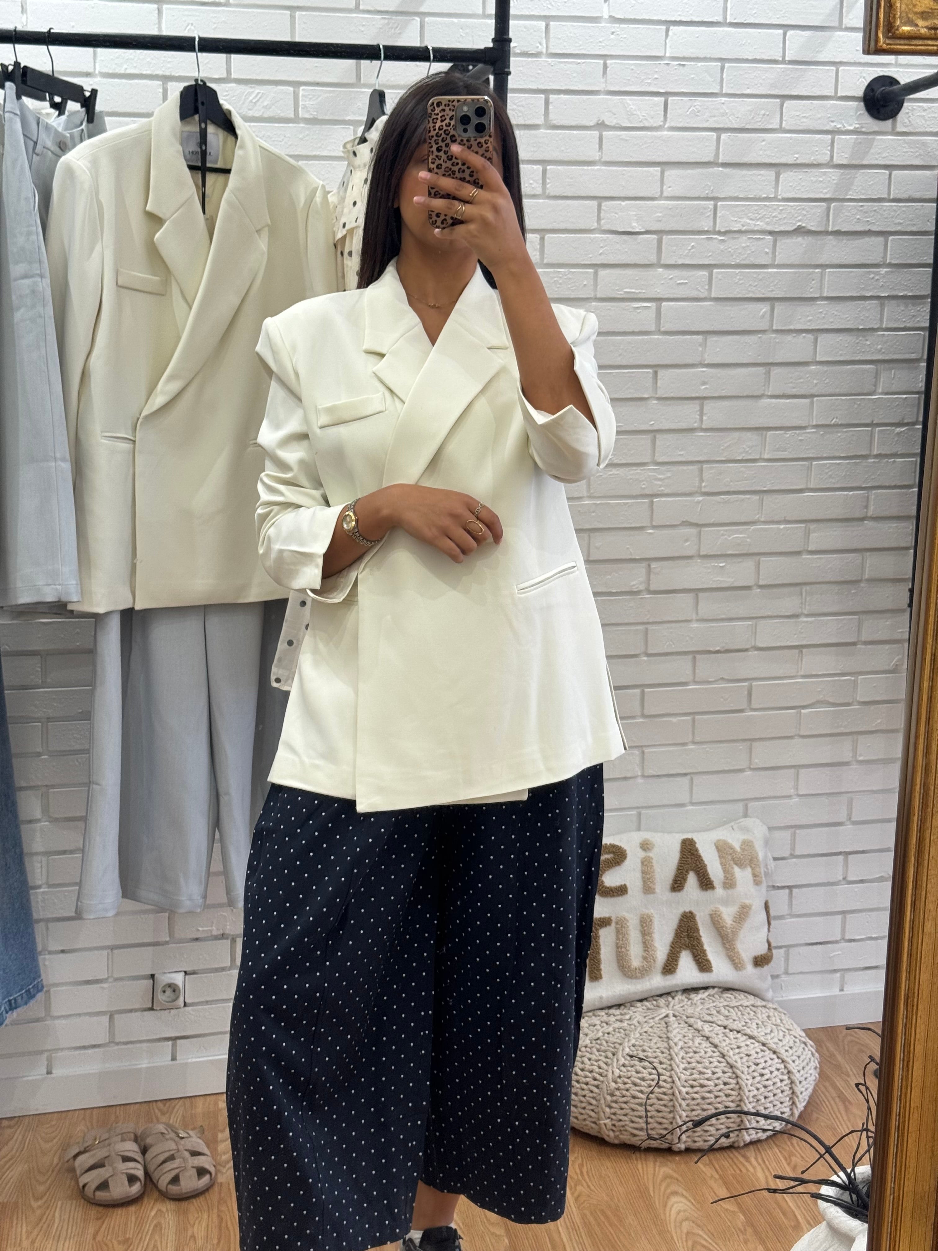 Pantalon barrel bleu nuit à pois